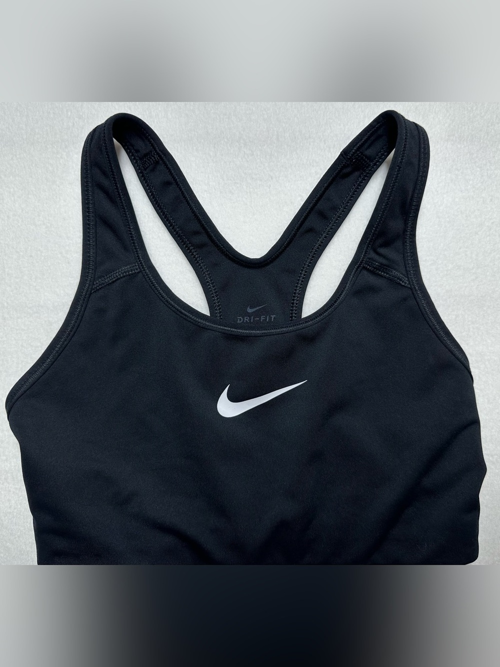 Nike Women’s Medium Classic Black Dri‑FIT Sports Bra – White Swoosh – Racerback